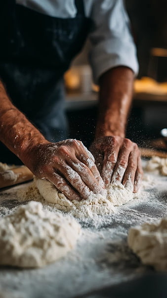 Close-up of Baker Kneading Floury Dough