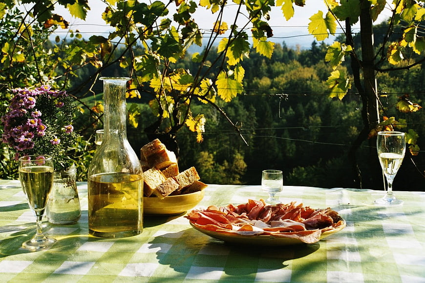Outdoor picnic with wine, cured meat, and bread in vineyard
