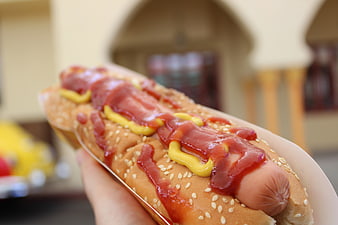 Close-up of hand holding hot dog with ketchup and mustard
