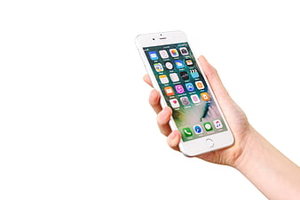 Hand holding white iPhone 7 smartphone with app icons on white background