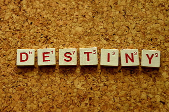 Scrabble tiles spelling destiny on a textured cork background
