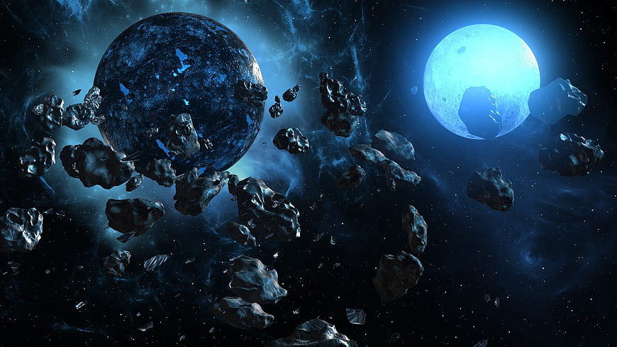 Dark Planet and Glowing Moon Amidst Asteroid Field in Deep Space