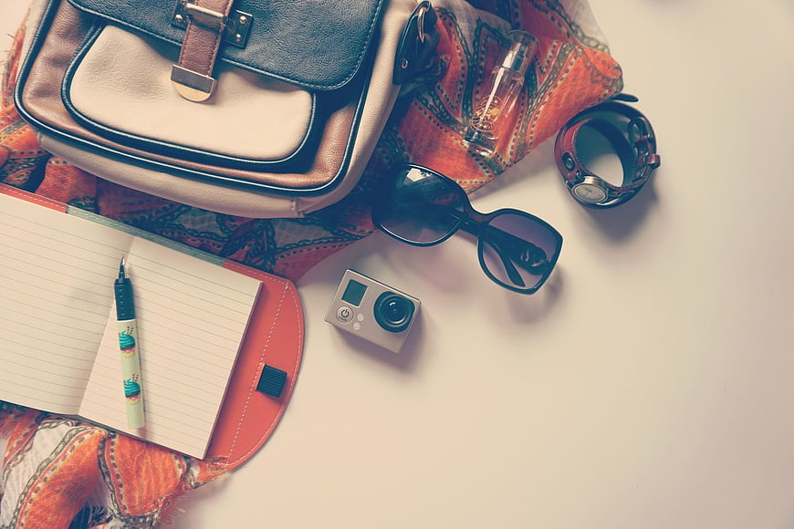 Summer Travel Essentials Flat Lay with Bag and Accessories
