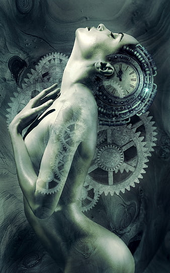 Surreal digital art of a woman with mechanical gears and clockwork