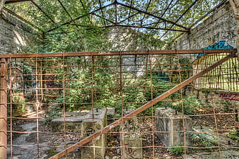 Abandoned concrete bunker with rusty metal fence and overgrown vegetation