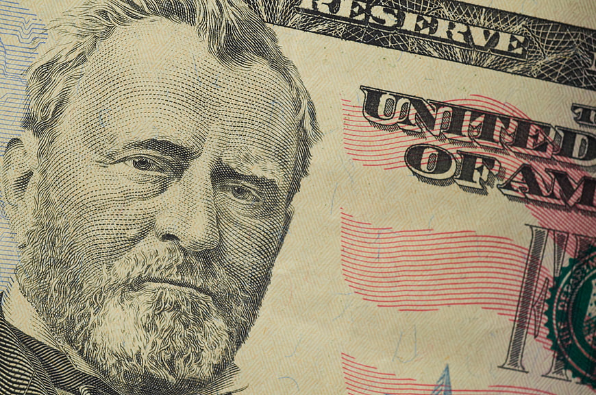 Close-up of Ulysses S. Grant on US Fifty Dollar Bill