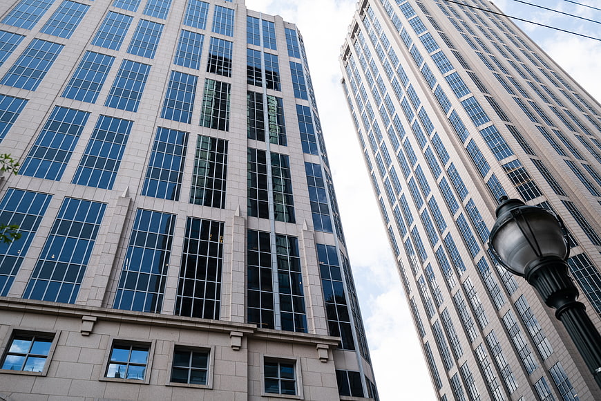 Low Angle View of Modern Glass Office Buildings