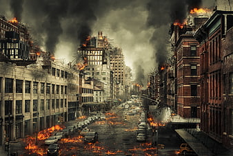 Apocalyptic city street engulfed in fire and smoke