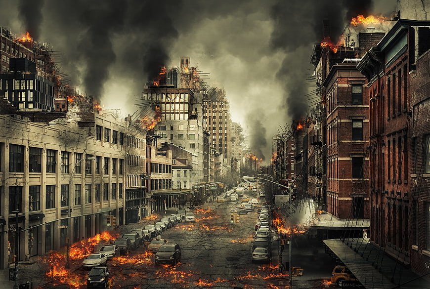 Apocalyptic city street engulfed in fire and smoke