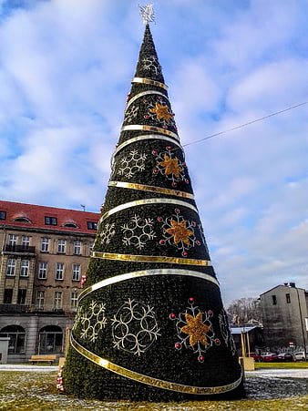 Tall Decorated Christmas Tree in European Town Square