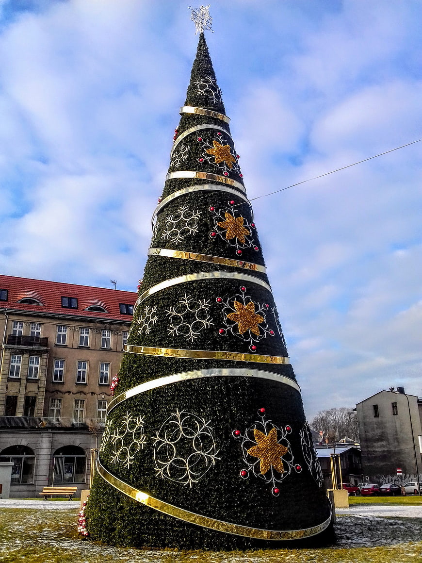 Tall Decorated Christmas Tree in European Town Square