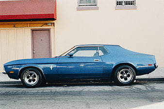 Side Profile of Blue Classic Ford Mustang Mach 1