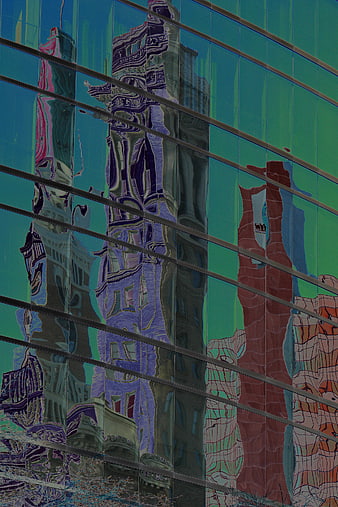 Abstract distorted city reflections on glass skyscraper facade