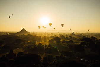Hot Air Balloons Over Bagan Temples at Sunrise