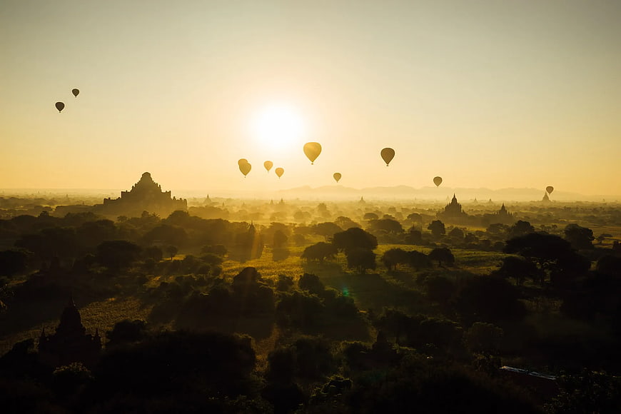 Hot Air Balloons Over Bagan Temples at Sunrise