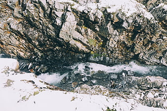 Snowy Mountain Stream Flowing Through Rocky Canyon