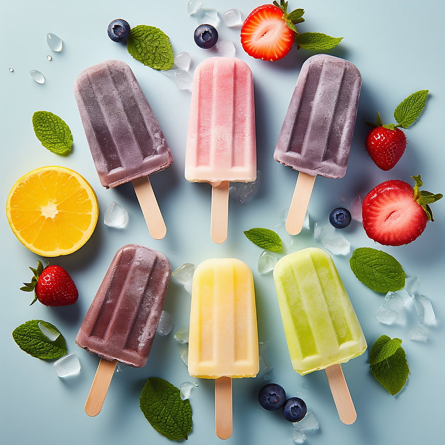 Colorful Fruit Popsicles with Fresh Berries and Mint