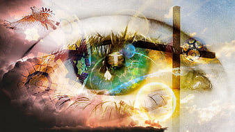 Spiritual Eye Collage with Cross, Dove, and Light