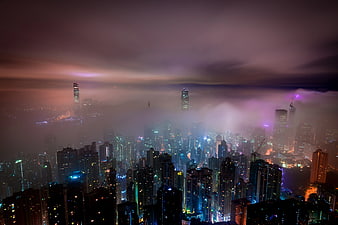 Foggy Night Skyline of Hong Kong Cityscape
