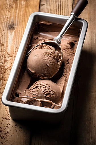 Rich Chocolate Ice Cream in Metal Tin with Scoop