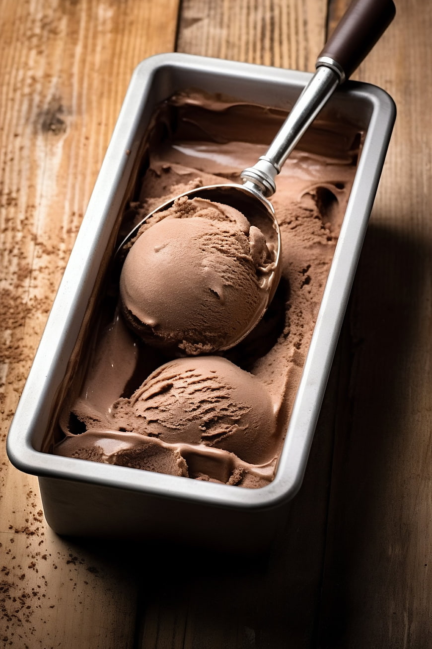 Rich Chocolate Ice Cream in Metal Tin with Scoop
