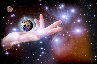 Hand holding Earth and Moon in Starry Space