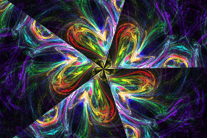 Abstract kaleidoscope pattern with vibrant swirling colors