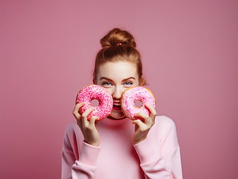Playful woman holding pink donuts against pastel background