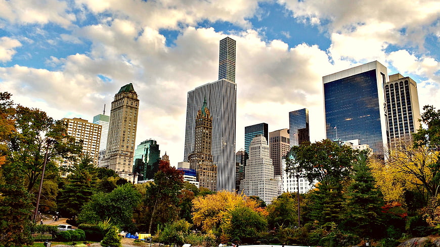 New York City Skyline with Central Park Autumn Trees