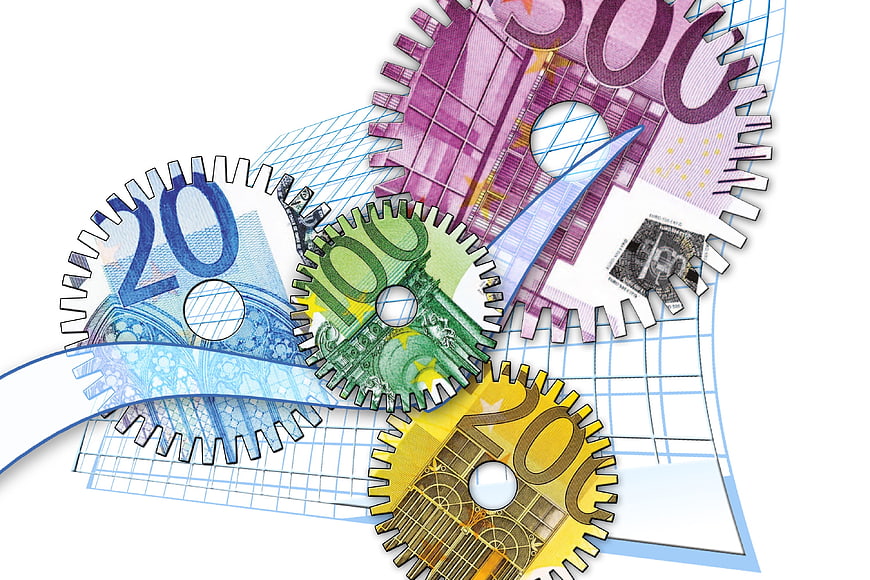 Euro banknote gears symbolizing economy and finance