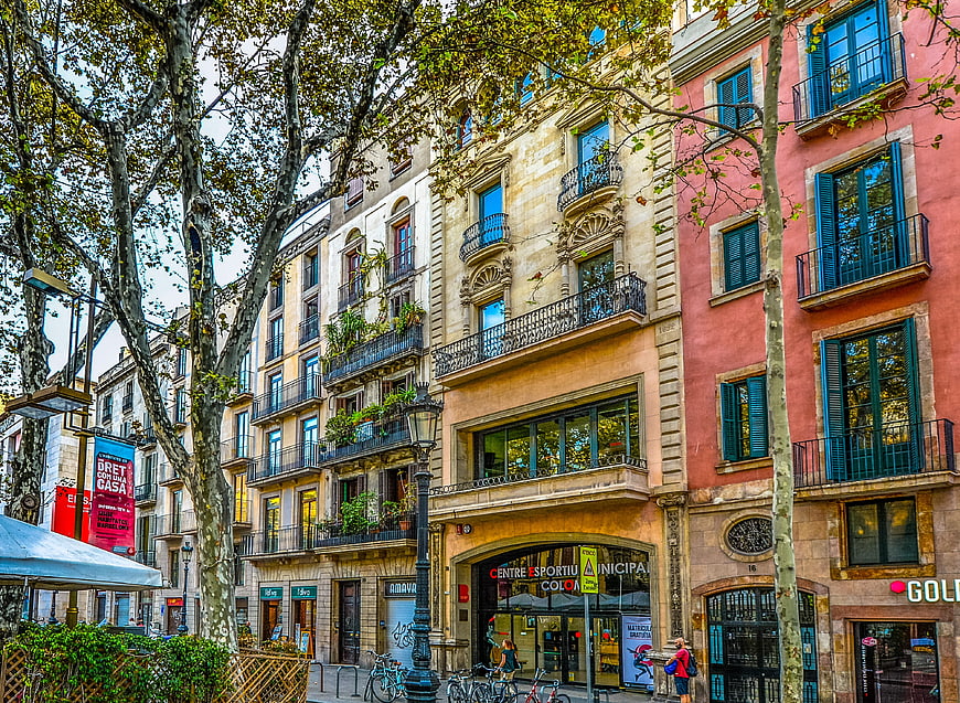 Colorful Barcelona Street Architecture with Trees and Balconies