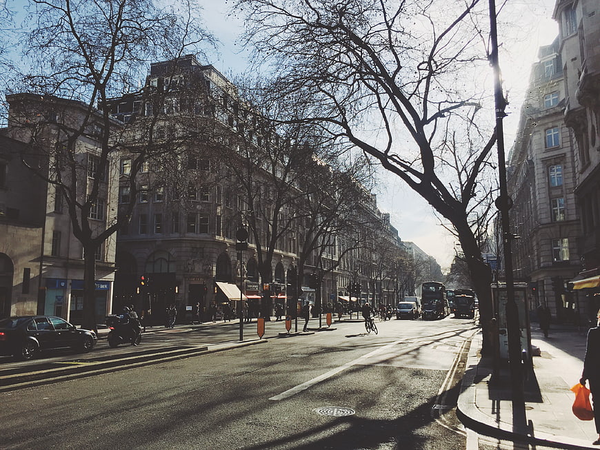Sunny London Street Scene with Bare Trees and Double-Decker Buses