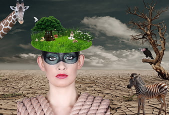 Surreal Woman With Nature Hat In Desert Landscape