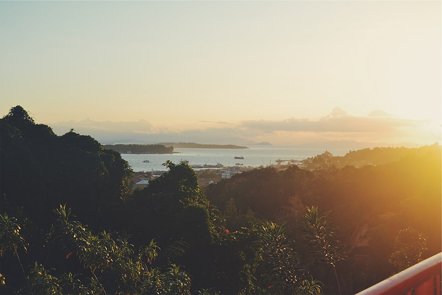 Golden Sunset Over Tropical Coastline with Ocean and Hills