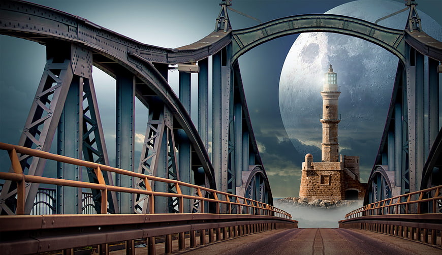 Surreal Steel Bridge Leading to Lighthouse Under Giant Moon
