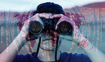 Man with Binoculars and Digital Binary Code Overlay