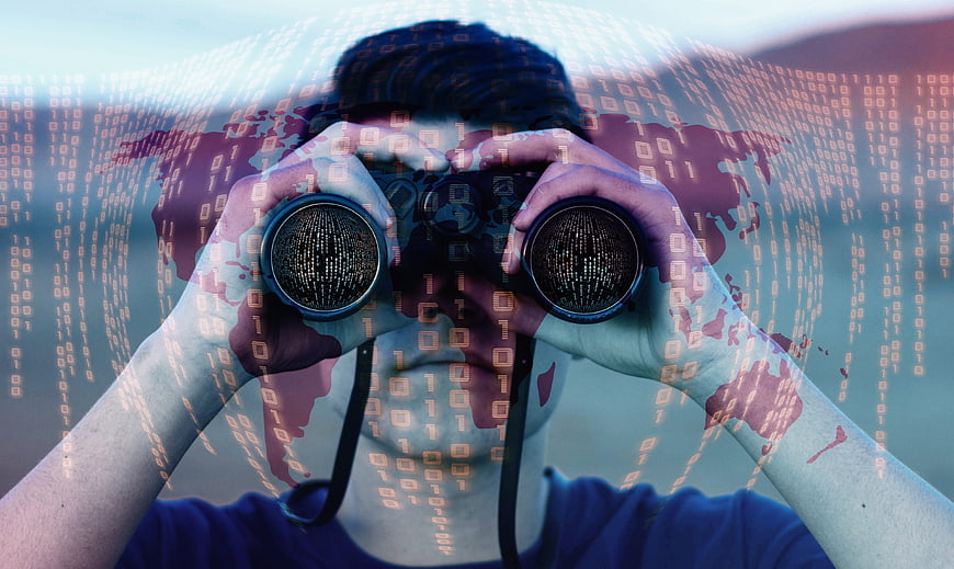 Man with Binoculars and Digital Binary Code Overlay