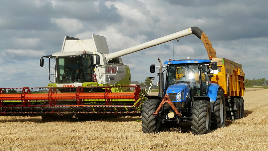 Combine Harvester Unloading Grain into Tractor Trailer in Field