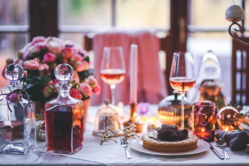 Elegant Holiday Table Setting with Wine and Pie