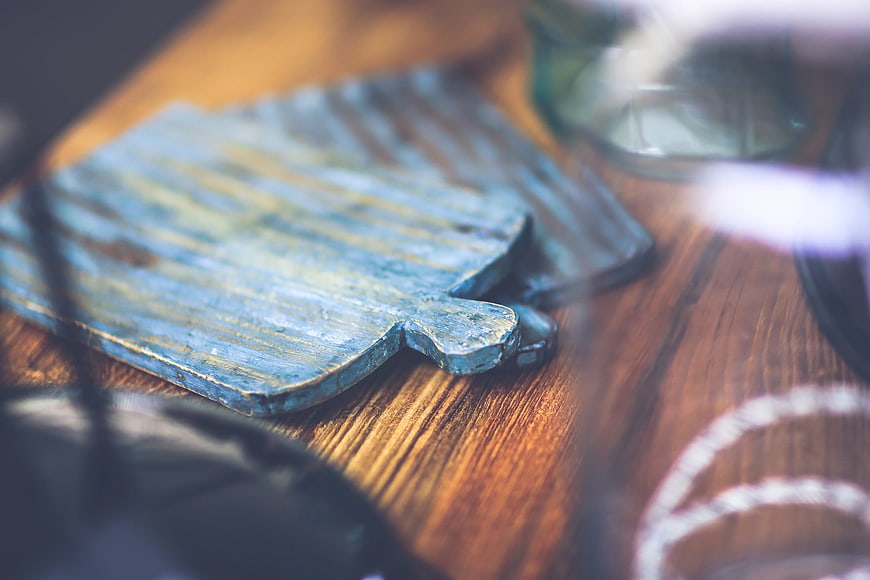 Rustic Blue Wooden Cutting Board on Table