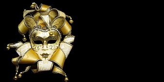 Golden Venetian Carnival Mask with Ornate Gold Ribbons and Bells