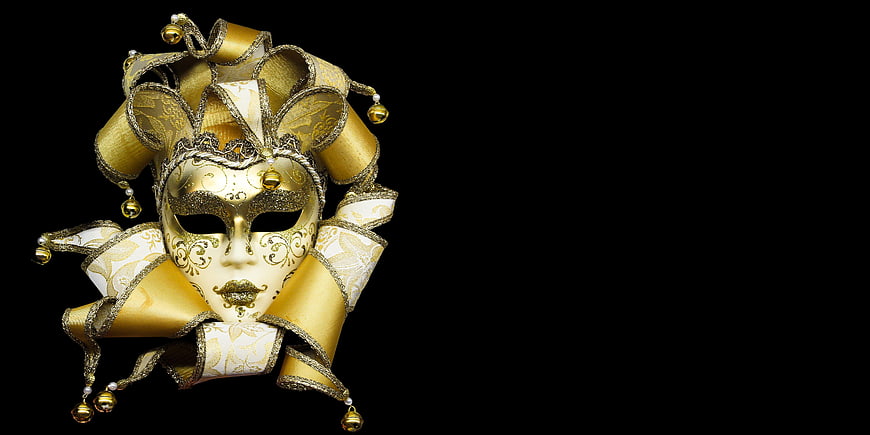 Golden Venetian Carnival Mask with Ornate Gold Ribbons and Bells