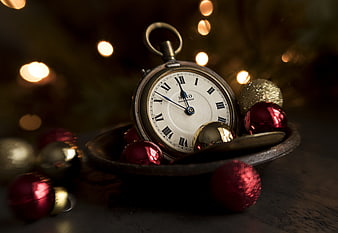 Vintage Pocket Watch with Christmas Ornaments and Bokeh Lights