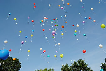 Colorful balloons floating in blue sky