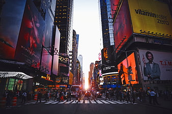 Times Square New York City Sunset with Crowds and Billboards