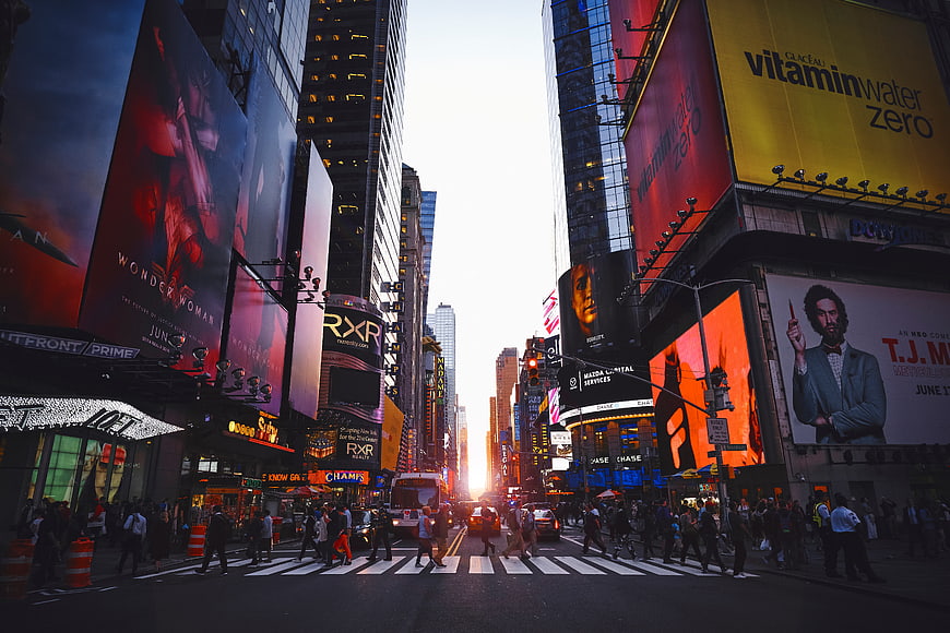 Times Square New York City Sunset with Crowds and Billboards
