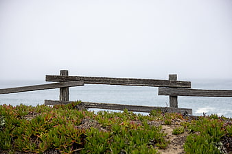 Weathered wooden fence overlooking foggy ocean coastline