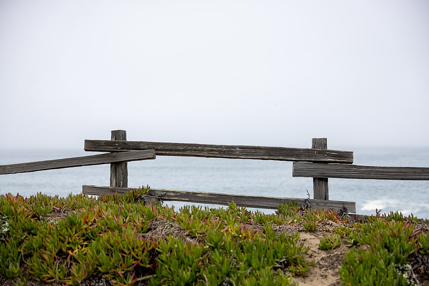 Weathered wooden fence overlooking foggy ocean coastline