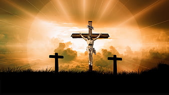 Jesus on Cross with Golden Light Rays and Clouds