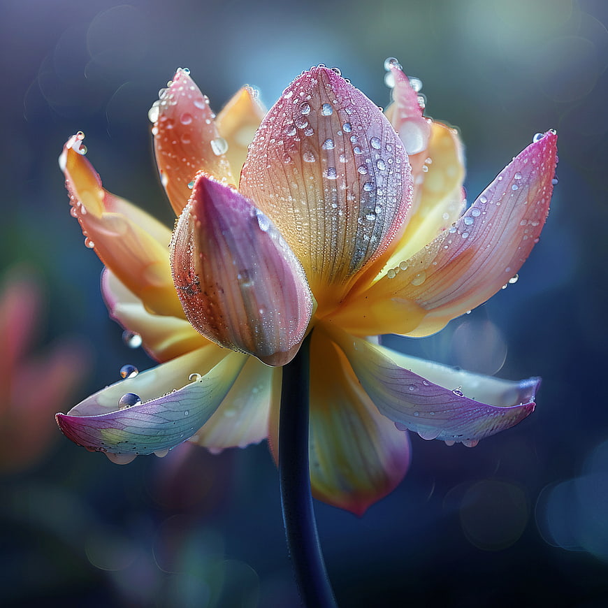 Close-up of Pink and Yellow Lotus Flower with Water Droplets